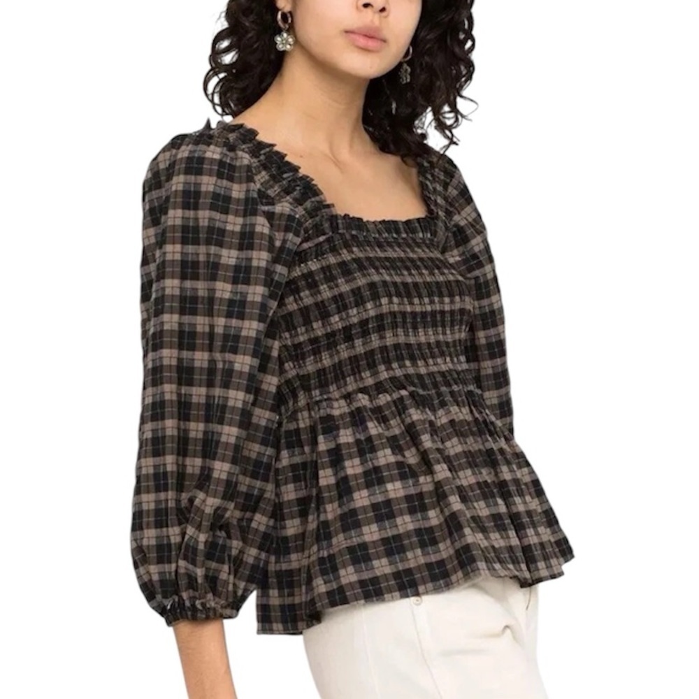 Ganni black brown plaid square neck puff sleeve smocked blouse size 42 L